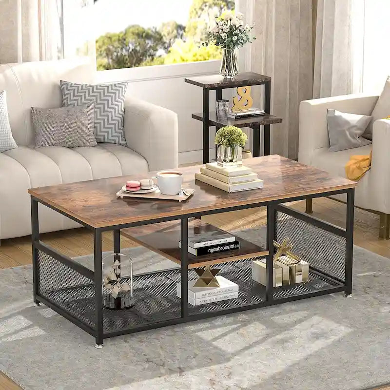 Industrial Rectangle Wood Coffee Table with Storage Shelf and Metal Frame