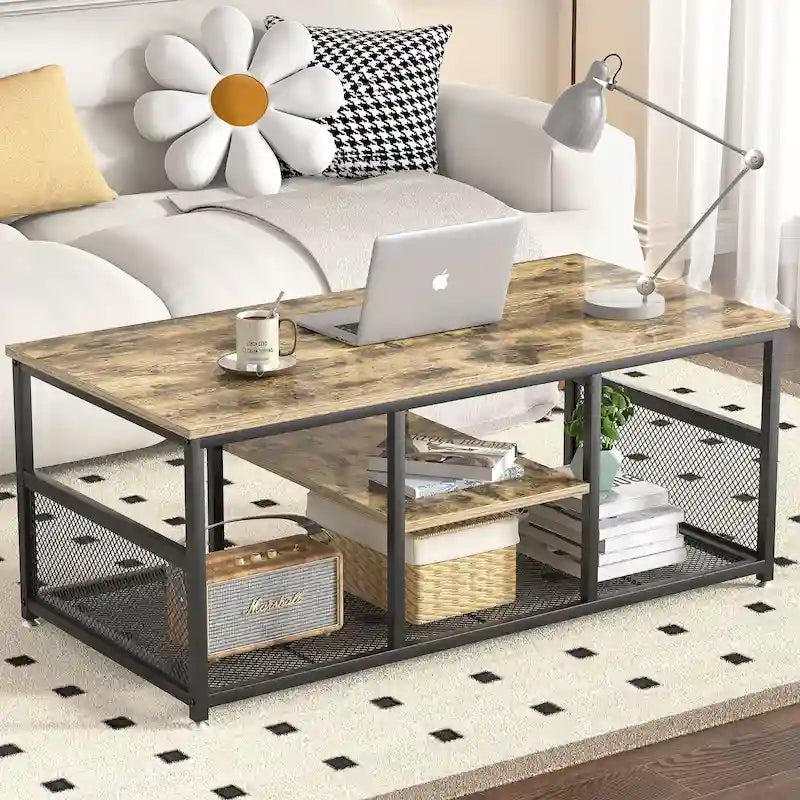 Industrial Rectangle Wood Coffee Table with Storage Shelf and Metal Frame