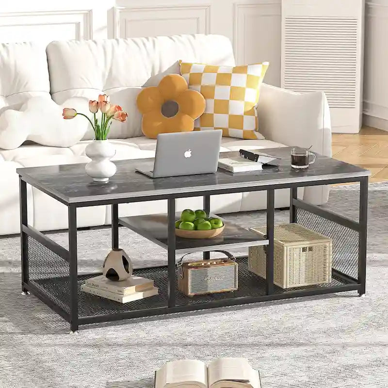 Industrial Rectangle Wood Coffee Table with Storage Shelf and Metal Frame
