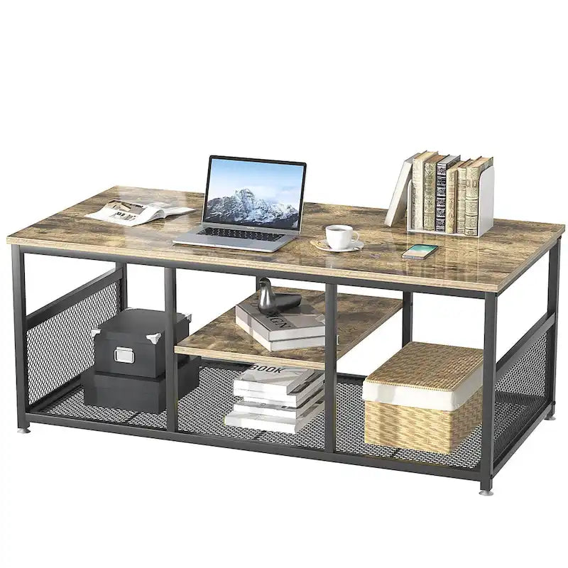 Industrial Rectangle Wood Coffee Table with Storage Shelf and Metal Frame
