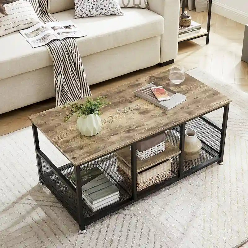 Industrial Rectangle Wood Coffee Table with Storage Shelf and Metal Frame