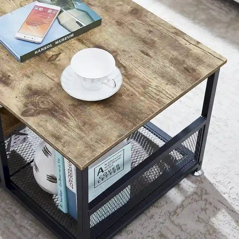 Industrial Rectangle Wood Coffee Table with Storage Shelf and Metal Frame