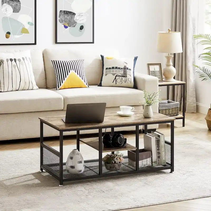 Industrial Rectangle Wood Coffee Table with Storage Shelf and Metal Frame