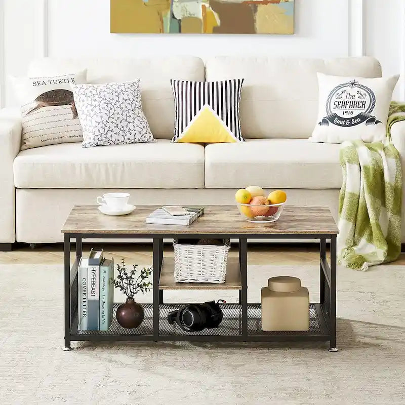 Industrial Rectangle Wood Coffee Table with Storage Shelf and Metal Frame