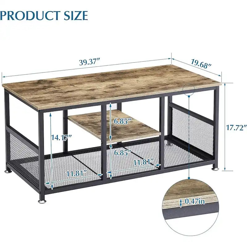 Industrial Rectangle Wood Coffee Table with Storage Shelf and Metal Frame