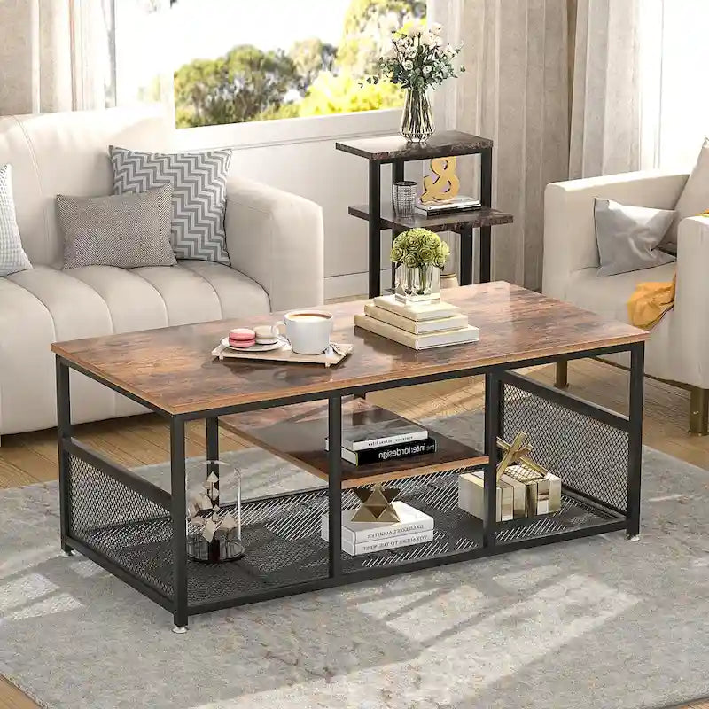 Industrial Rectangle Wood Coffee Table with Storage Shelf and Metal Frame