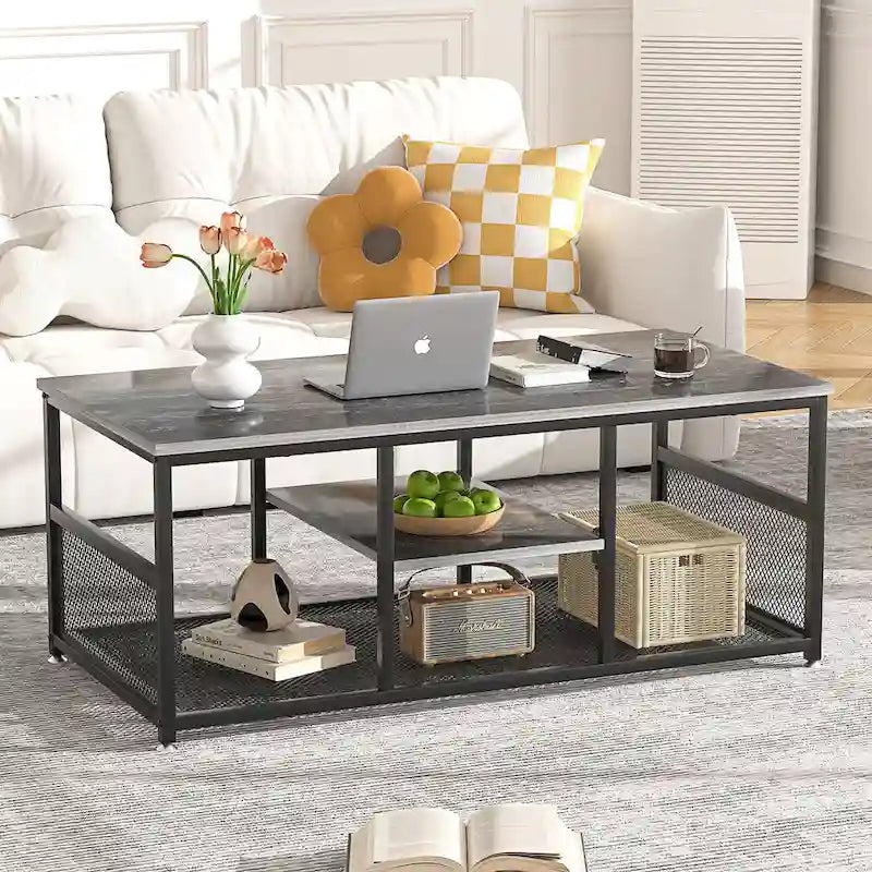 Industrial Rectangle Wood Coffee Table with Storage Shelf and Metal Frame