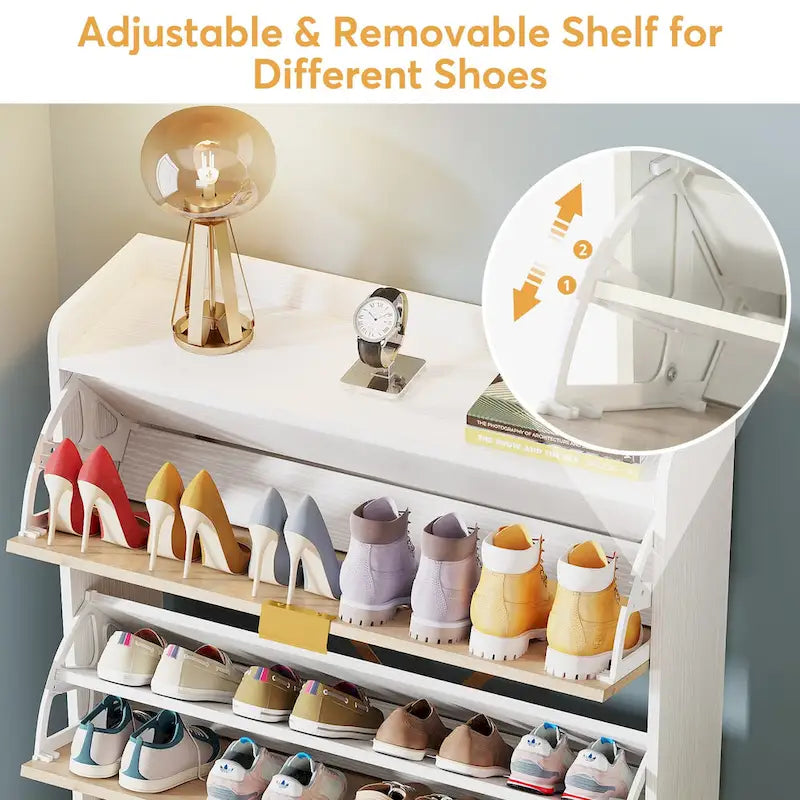 Modern Wood White Shoe Storage Cabinet with 3 Flip Doors, 24 Pair Shoe Organizer