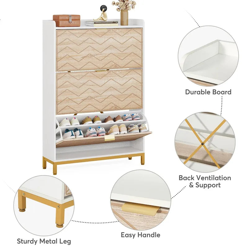 Modern Wood White Shoe Storage Cabinet with 3 Flip Doors, 24 Pair Shoe Organizer