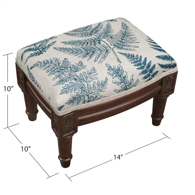 Footstool with Blue Fern Print and Solid Wood Frame