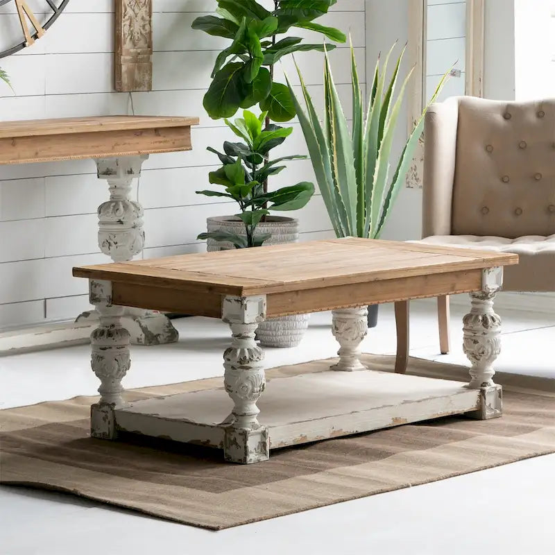 Rectangle Antique White Washed Wooden Coffee Table