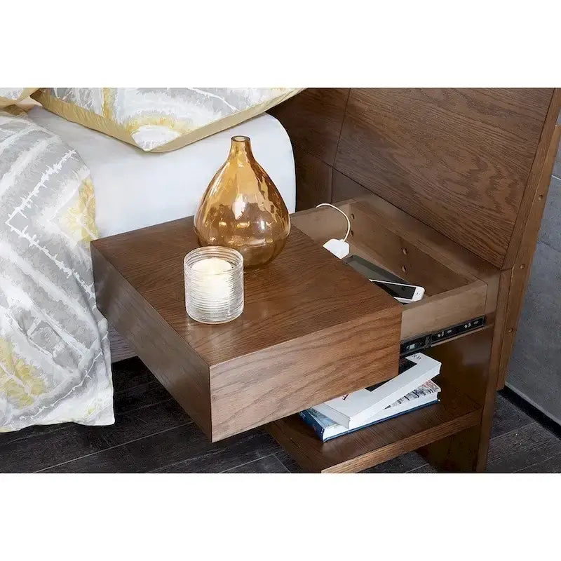 Pecan Bed with Two Integrated Nightstands
