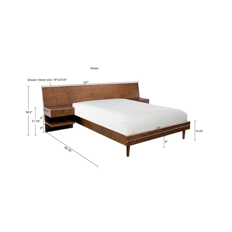 Pecan Bed with Two Integrated Nightstands