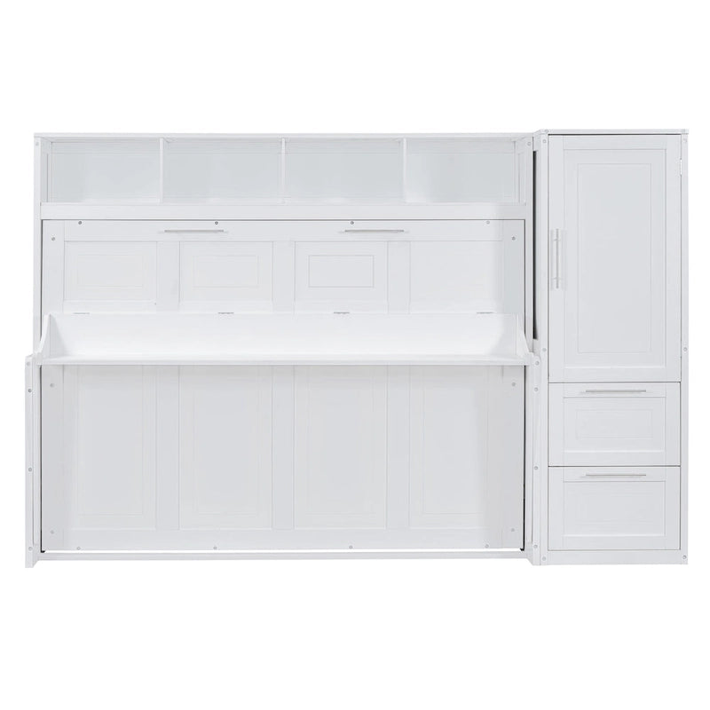 Full Size Murphy Bed Wall Bed with Closet and Drawers, White