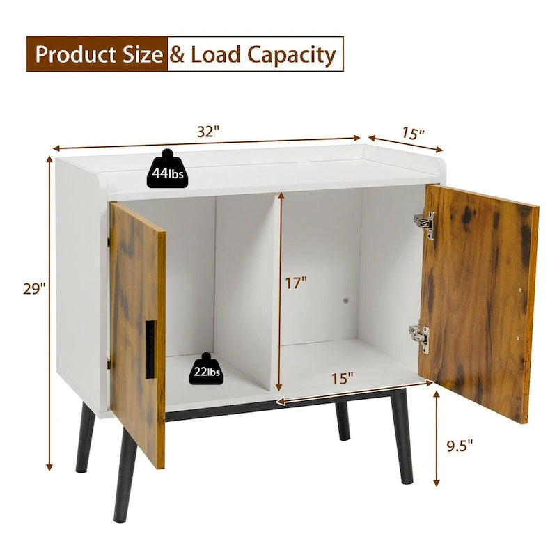 Mid-Century Wood Storage Cabinet with 2 Doors and Metal Legs for Entryway - 32 x 15 x 29 Inches (L x W x H)