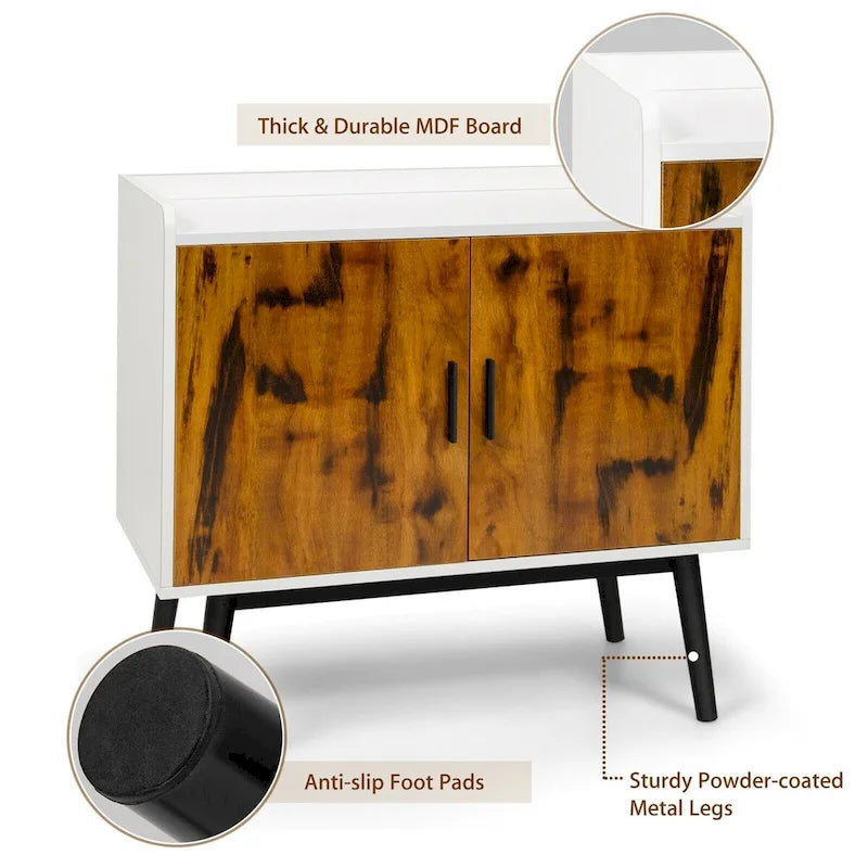 Mid-Century Wood Storage Cabinet with 2 Doors and Metal Legs for Entryway - 32 x 15 x 29 Inches (L x W x H)