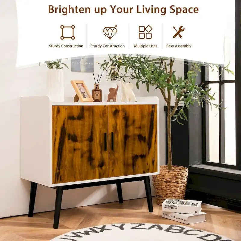 Mid-Century Wood Storage Cabinet with 2 Doors and Metal Legs for Entryway - 32 x 15 x 29 Inches (L x W x H)