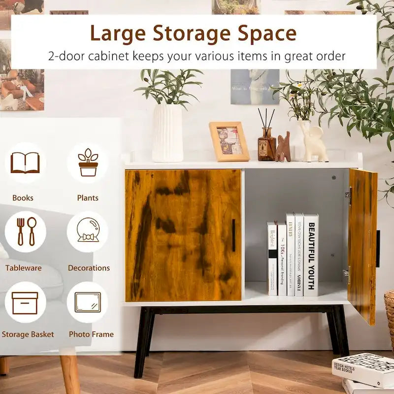Mid-Century Wood Storage Cabinet with 2 Doors and Metal Legs for Entryway - 32 x 15 x 29 Inches (L x W x H)