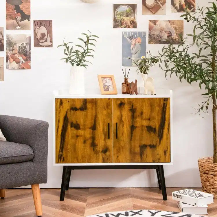 Mid-Century Wood Storage Cabinet with 2 Doors and Metal Legs for Entryway - 32 x 15 x 29 Inches (L x W x H)