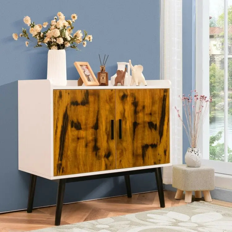 Mid-Century Wood Storage Cabinet with 2 Doors and Metal Legs for Entryway - 32 x 15 x 29 Inches (L x W x H)