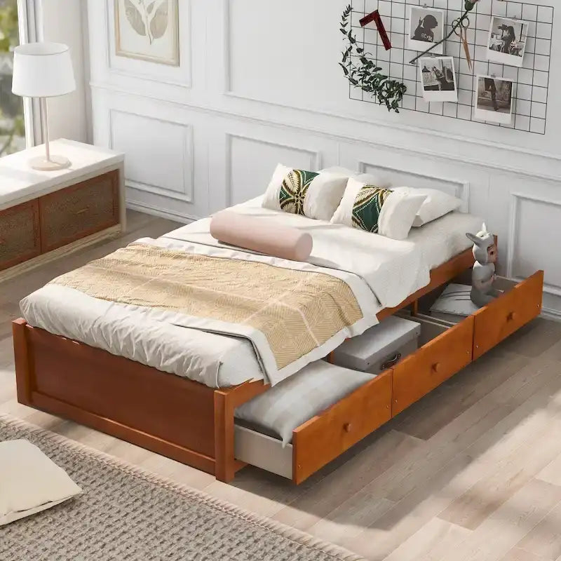 Oak Eco-Friendly Solid Pine Wood Twin Size Platform Storage Bed with 3 Drawers