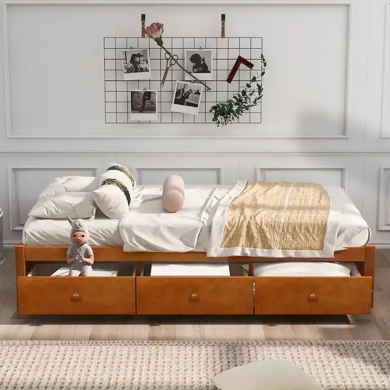 Oak Eco-Friendly Solid Pine Wood Twin Size Platform Storage Bed with 3 Drawers