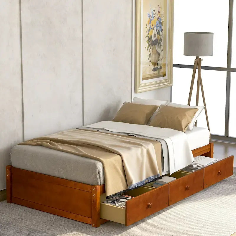 Oak Eco-Friendly Solid Pine Wood Twin Size Platform Storage Bed with 3 Drawers