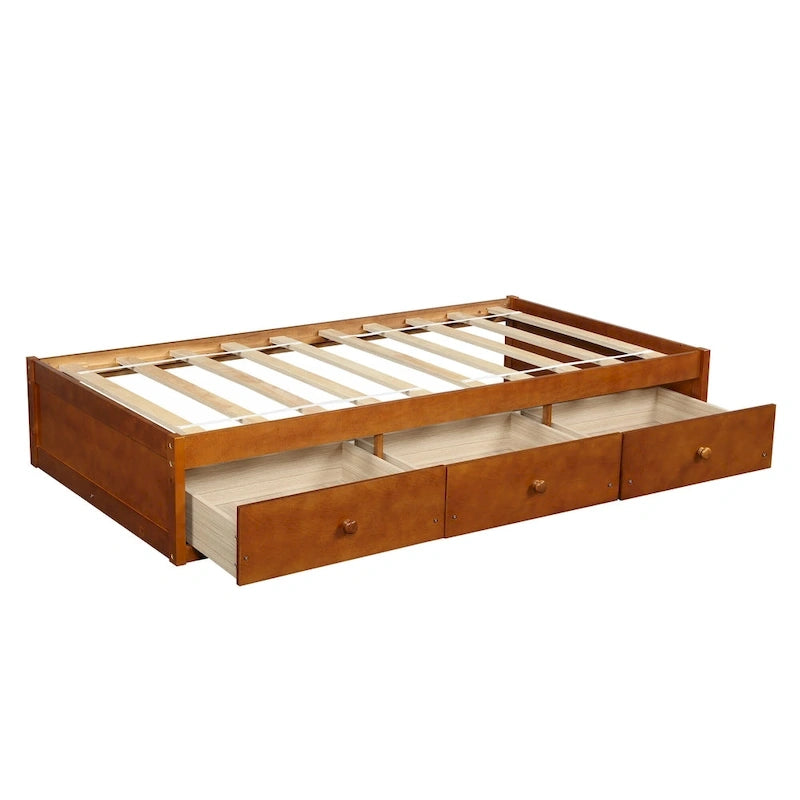 Oak Eco-Friendly Solid Pine Wood Twin Size Platform Storage Bed with 3 Drawers