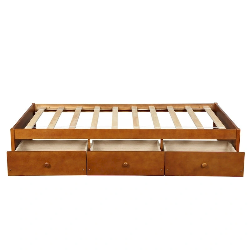 Oak Eco-Friendly Solid Pine Wood Twin Size Platform Storage Bed with 3 Drawers