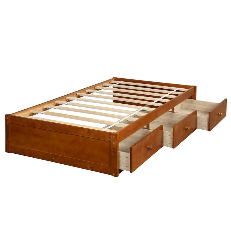 Oak Eco-Friendly Solid Pine Wood Twin Size Platform Storage Bed with 3 Drawers