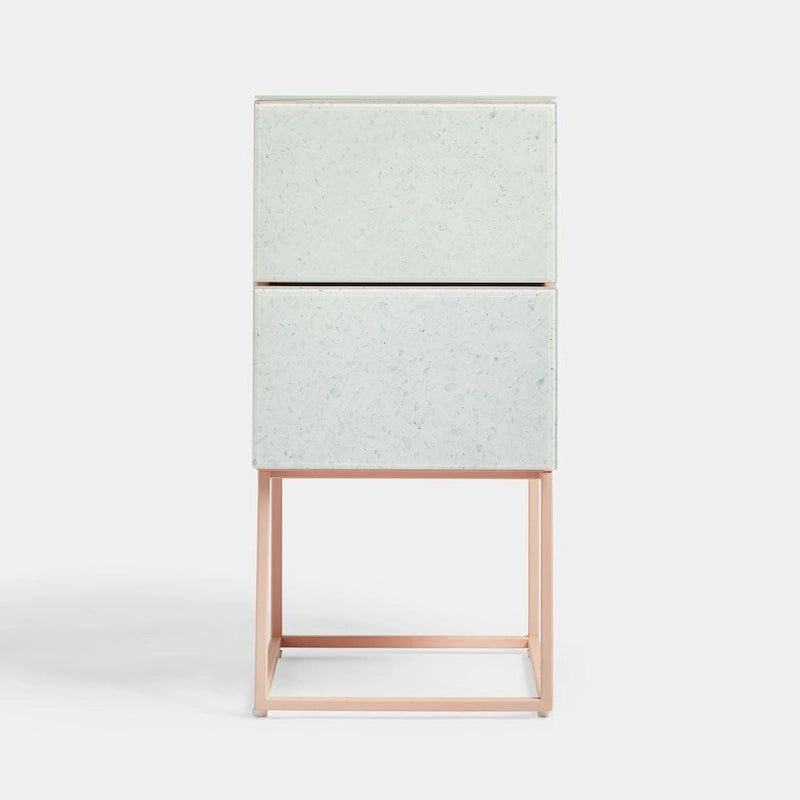 Tempered Glass Marble Stone Double Drawer Nightstand for Bedroom, Living Room