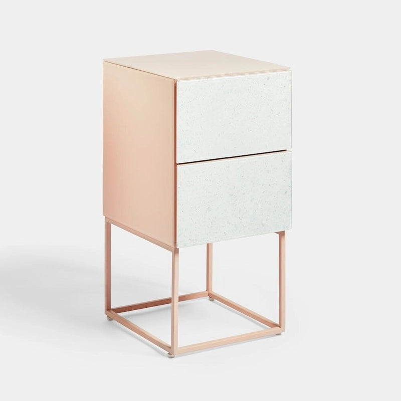 Tempered Glass Marble Stone Double Drawer Nightstand for Bedroom, Living Room