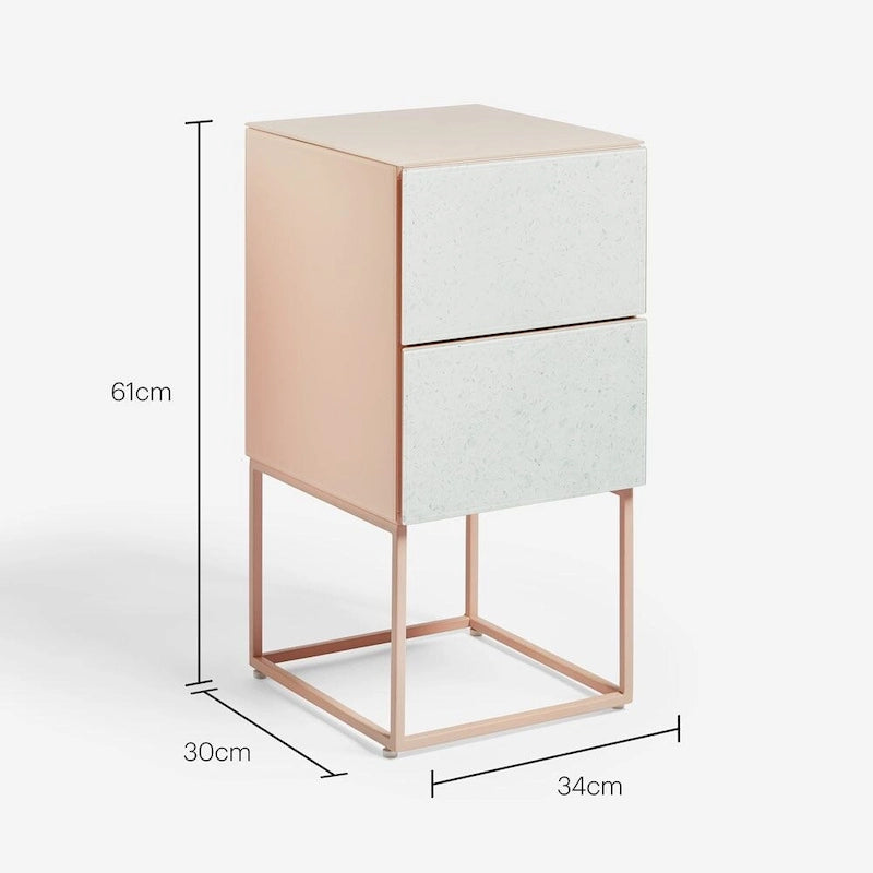 Tempered Glass Marble Stone Double Drawer Nightstand for Bedroom, Living Room