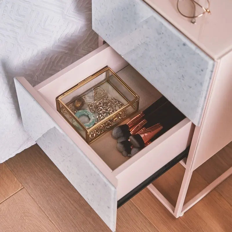 Tempered Glass Marble Stone Double Drawer Nightstand for Bedroom, Living Room