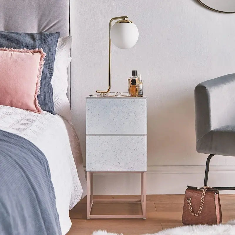 Tempered Glass Marble Stone Double Drawer Nightstand for Bedroom, Living Room