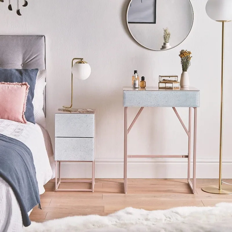 Tempered Glass Marble Stone Double Drawer Nightstand for Bedroom, Living Room