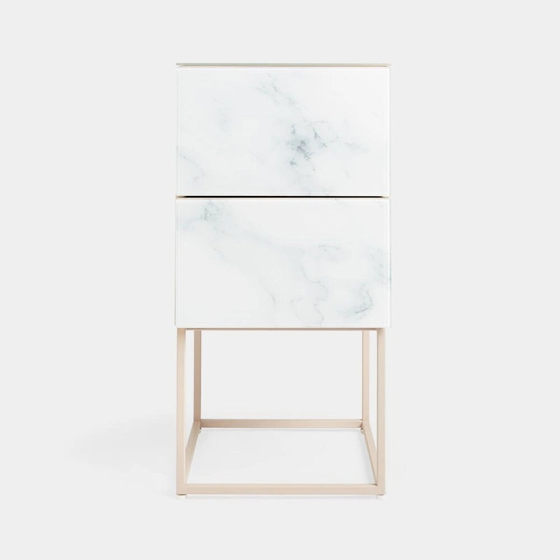 Tempered Glass Marble Stone Double Drawer Nightstand for Bedroom, Living Room