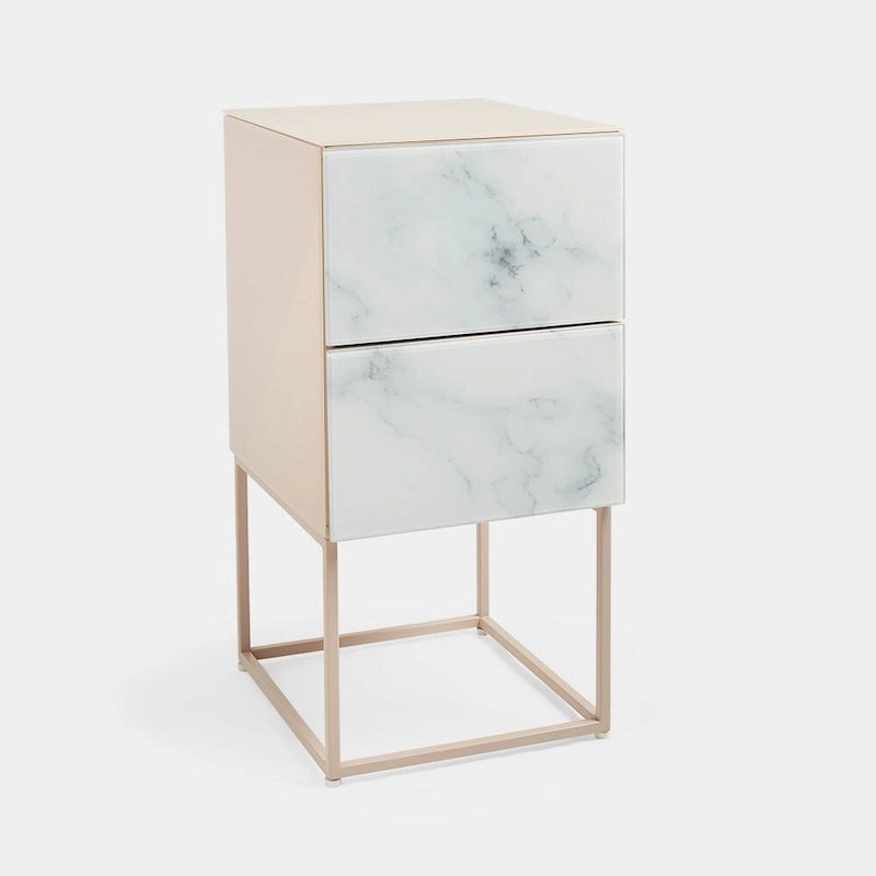 Tempered Glass Marble Stone Double Drawer Nightstand for Bedroom, Living Room