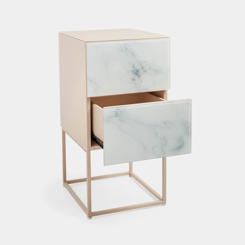 Tempered Glass Marble Stone Double Drawer Nightstand for Bedroom, Living Room