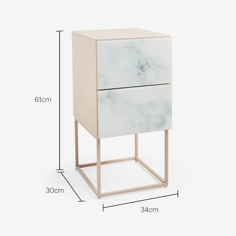 Tempered Glass Marble Stone Double Drawer Nightstand for Bedroom, Living Room