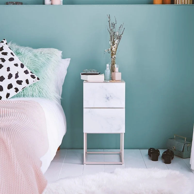 Tempered Glass Marble Stone Double Drawer Nightstand for Bedroom, Living Room