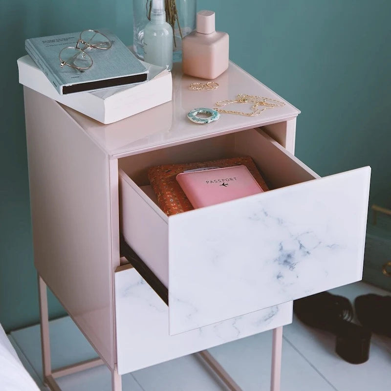 Tempered Glass Marble Stone Double Drawer Nightstand for Bedroom, Living Room