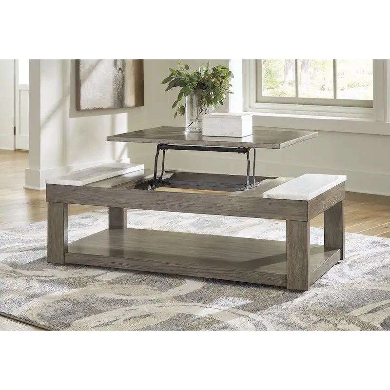 Grayish Brown and White Lift-Top Coffee Table - 56.13 W x 28.25 D x 18.13 H